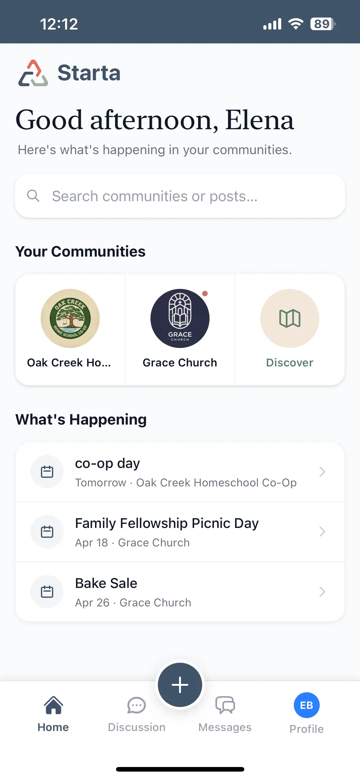 Starta home dashboard showing your communities and upcoming events